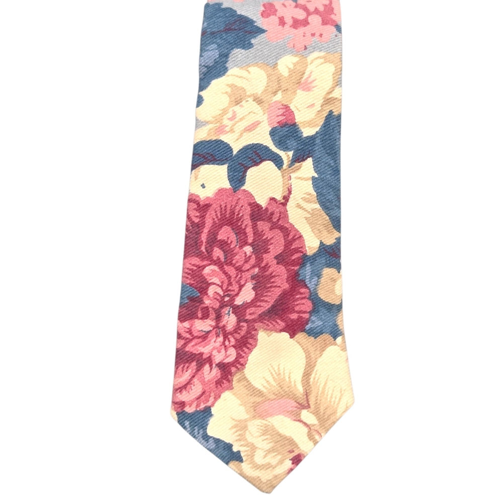Vintage Floral Cotton Twill Tie - Blue, Cream, & Pink Rose Botanical Print EUC